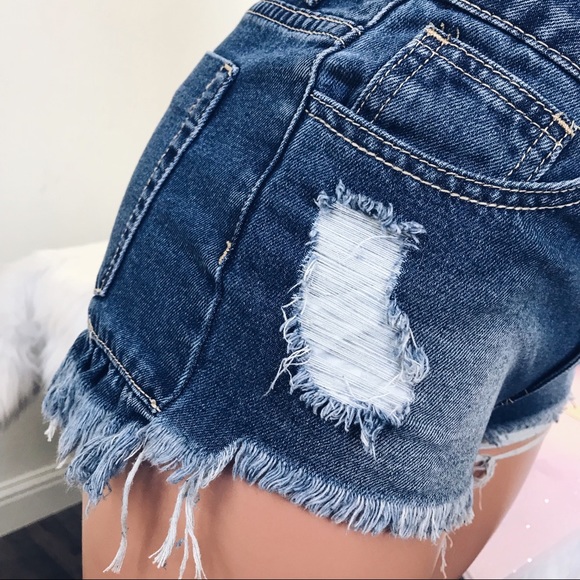 Distressed Denim Shorts Asymmetrical Frayed Hem - Picture 5 of 9